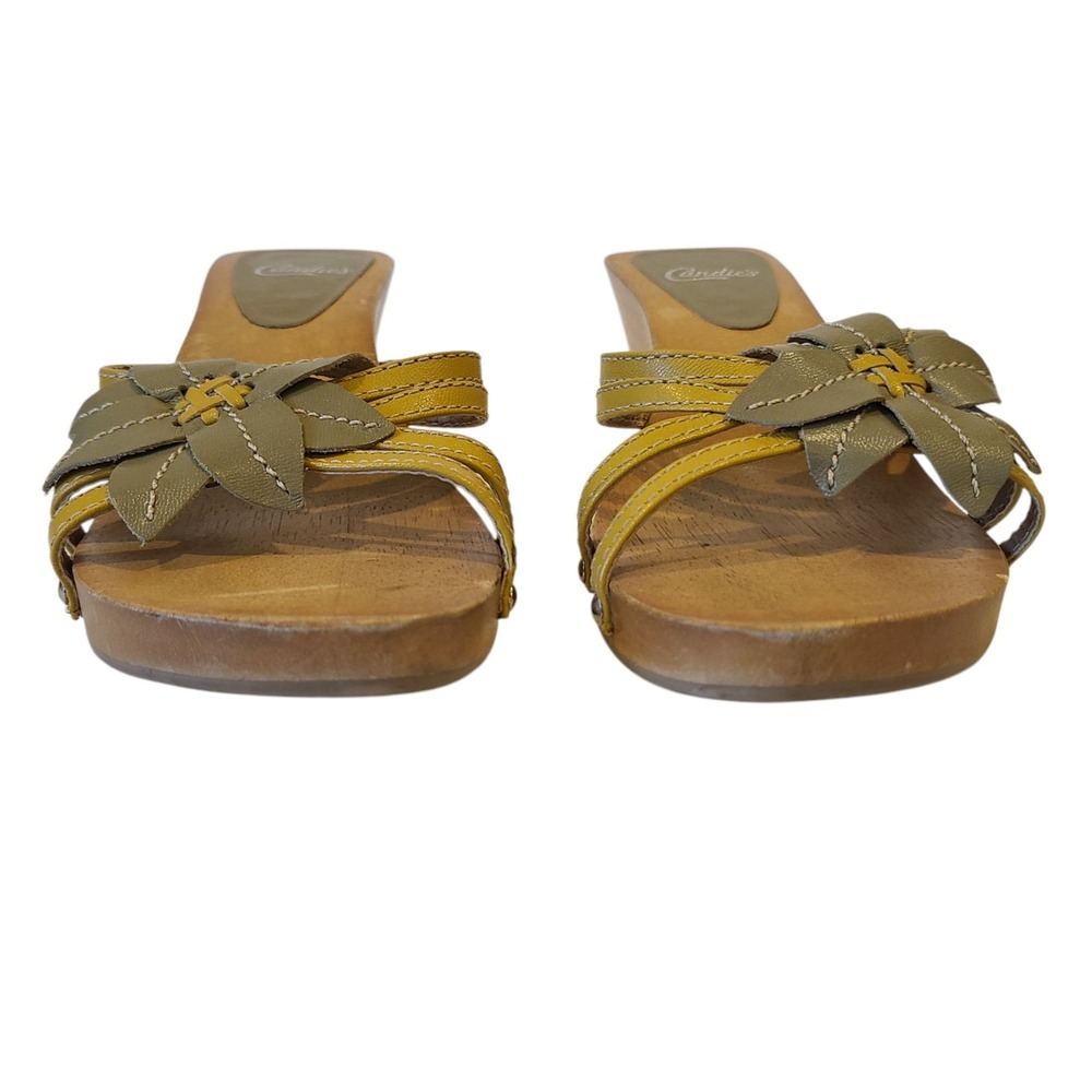 VTG Candies Leather Wooden Platform 6.5 Flower Y2K Heels Sandals Yellow Brown - Picture 4 of 10